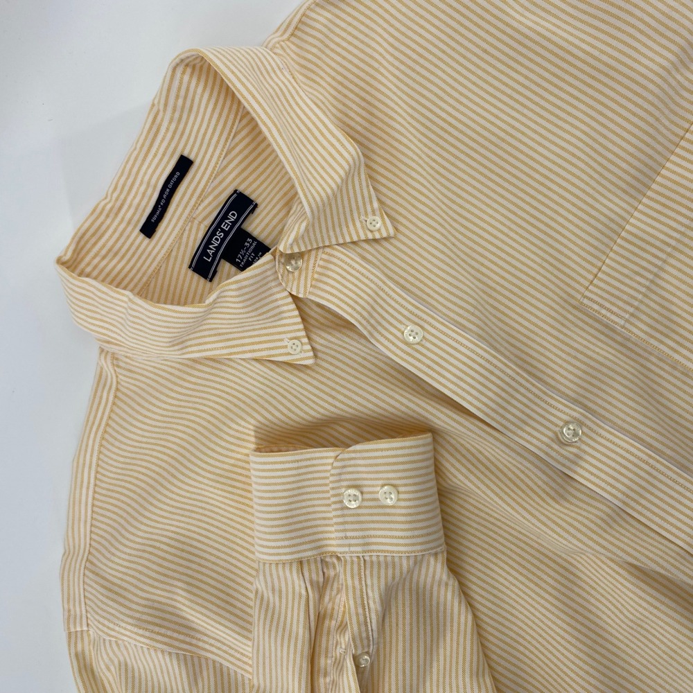 Lands End Mens 17.5 33 Supima No Iron Oxford Shirt Yellow Stripe Traditional Fit
